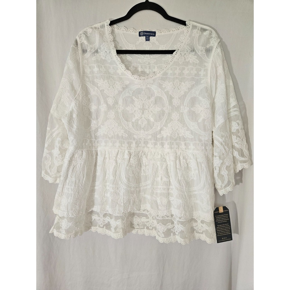 Democracy Women's White Sheer Lace Floral Scoop Neck Bell Sleeve Blouse, PL